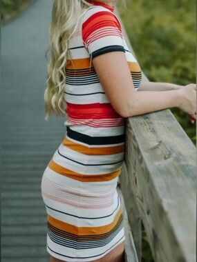 Billabong Striped Dress in Red, Cream & Mustard